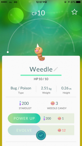 Info about the Weedle I caught.